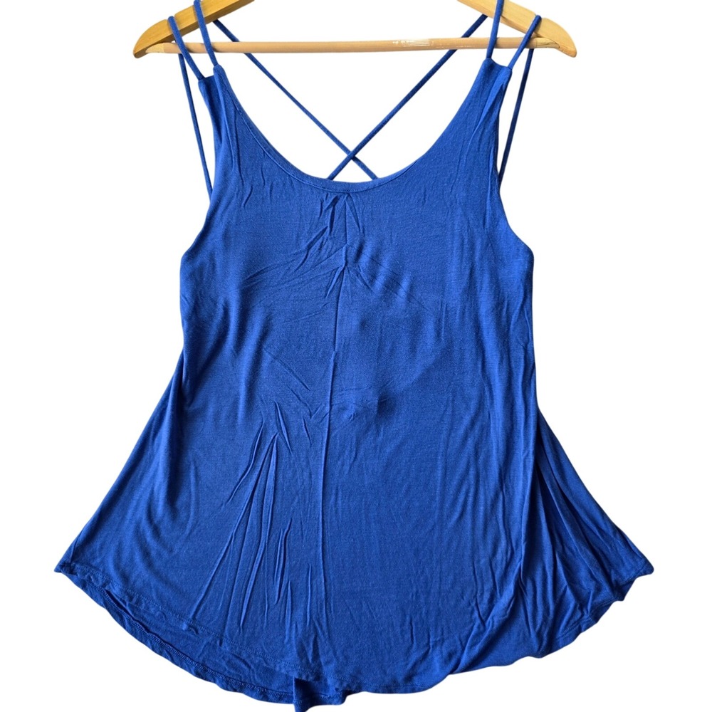 American Dream Womens Size L Blue Strappy Criss‎ Cross Back Flowy Tank Top